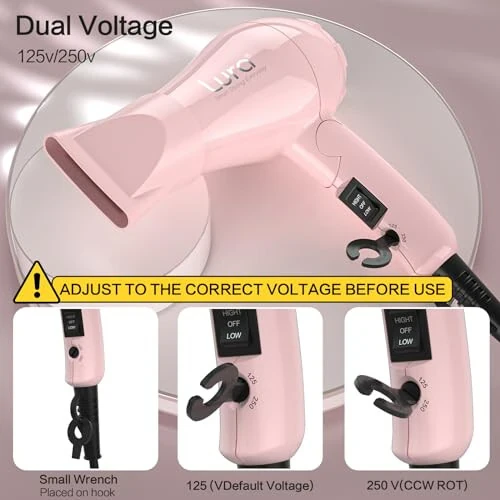 Foldable Travel Hair Dryer Mini: Dual Voltage Lightweight Blow Dryer with Pouch, 1200w Compact Pink Small Hair Dryer for Acrylic Paint Pouring (Light Pink) - 3