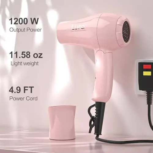 Foldable Travel Hair Dryer Mini: Dual Voltage Lightweight Blow Dryer with Pouch, 1200w Compact Pink Small Hair Dryer for Acrylic Paint Pouring (Light Pink) - 6
