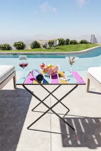 Folding Camping Table Height Adjustable Wooden Picnic Table Balcony Table Kitchen Table Colorful-Pink - 2