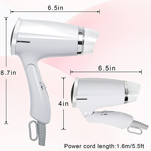 Folding Hair Dryer Compact Travel Blow Dryer Professional Salon Hair Dryer Small Hair Dryer 3 Heat Settings Lightweight Mini 8x7inch for Men and Women (White) - 2