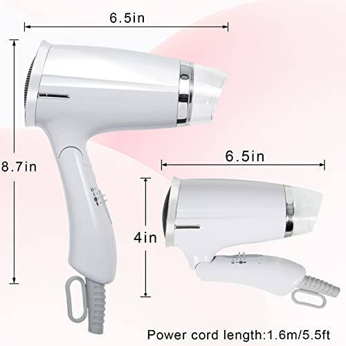 Folding Hair Dryer Compact Travel Blow Dryer Professional Salon Hair Dryer Small Hair Dryer 3 Heat Settings Lightweight Mini 8x7inch for Men and Women (White) - 2