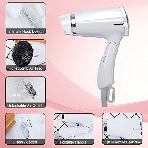 Folding Hair Dryer Compact Travel Blow Dryer Professional Salon Hair Dryer Small Hair Dryer 3 Heat Settings Lightweight Mini 8x7inch for Men and Women (White) - 3