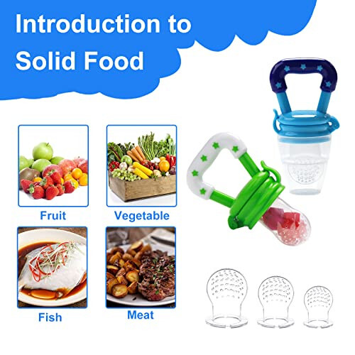 Food Feeder Baby Fruit Feeder Pacifier (3 Pcs) with 6 Different Sized Silicone Pacifiers 2 PCS Silicone Baby Food Dispensing Spoon 90ML with 2 Baby Spoons Silicone Bottle Brush Pacifier Clip - 4