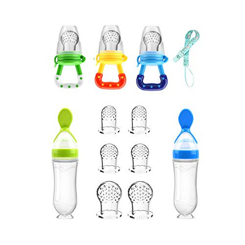 Food Feeder Baby Fruit Pacifier (3 Pcs) with 6 Different Sized Silicone Pacifiers 2 PCS Dispensing Spoon 90ML Spoons Clip Infant Teething Toy - Blue - 1