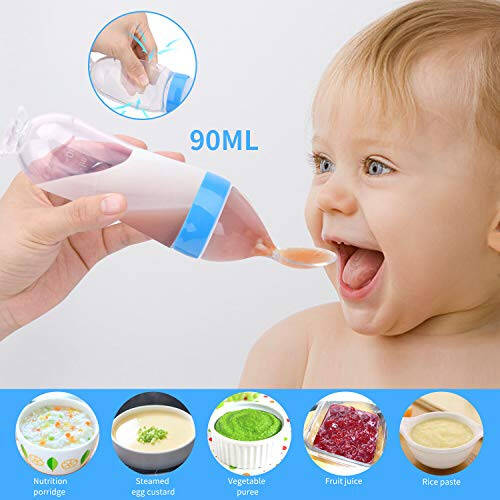 Food Feeder Baby Fruit Pacifier (3 Pcs) with 6 Different Sized Silicone Pacifiers 2 PCS Dispensing Spoon 90ML Spoons Clip Infant Teething Toy - Blue - 2