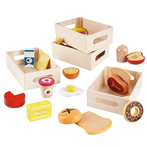 Food Groups - Wooden Play Food Sets, Pretend Play Kitchen Toys, Toy Food Accessories for Toddlers 1-3, Wood Play Fake Food for 1 2 3 Year Old Boys Girls Birthday Gift - 20