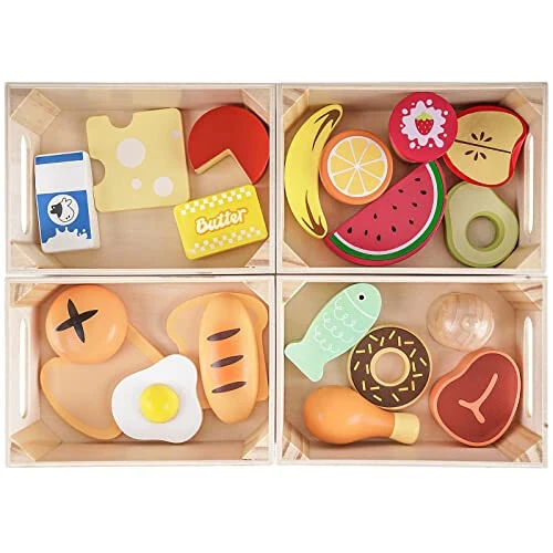 Food Groups - Wooden Play Food Sets, Pretend Play Kitchen Toys, Toy Food Accessories for Toddlers 1-3, Wood Play Fake Food for 1 2 3 Year Old Boys Girls Birthday Gift - Food