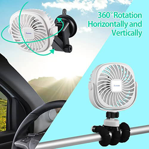 Foonsen Rechargeable USB Stroller Fan, Portable Car Fan, Car Seat Fan, Desk Fan, Flexible Tripod Clip on Bed, Bike, and Crib, Battery Powered White - 3