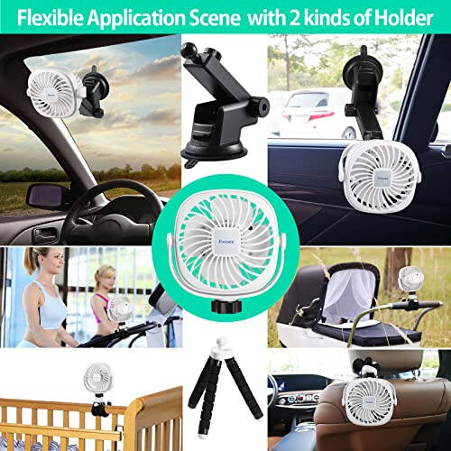 Foonsen Rechargeable USB Stroller Fan, Portable Car Fan, Car Seat Fan, Desk Fan, Flexible Tripod Clip on Bed, Bike, and Crib, Battery Powered White - 4