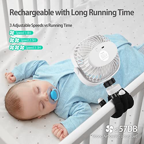 Foonsen Rechargeable USB Stroller Fan, Portable Car Fan, Car Seat Fan, Desk Fan, Flexible Tripod Clip on Bed, Bike, and Crib, Battery Powered White - 5