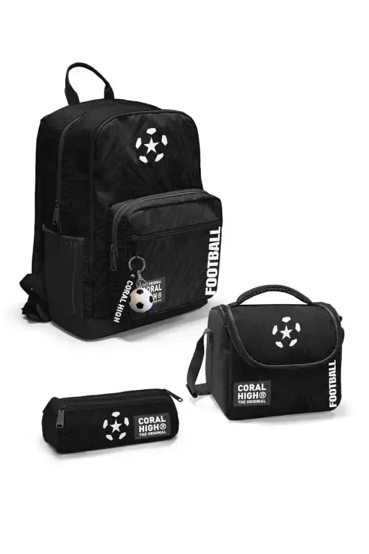 Football Patterned 3-Piece School Bag Set-Black - 3