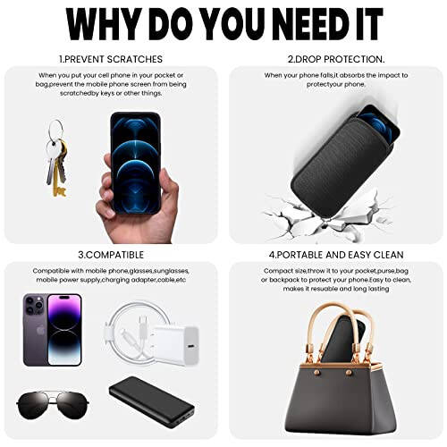 For Galaxy S24/S23 Ultra,S22 Plus,Note 20,S21 FE,A74/A55/A14 Phone Bag,Universal Neoprene Shockproof Phone Pouch Sleeve Wallet Carry Case 4.7-6.9 inch for iPhone 15 14 13 Pro Max,Huawei/HTC/LG (Black) - 3