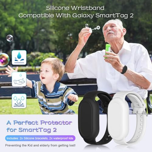 for Samsung Galaxy SmartTag 2 Wristband Holder [2-Pack], Soft Silicone Wristband Smart Tag 2 Holder Kids Bracelet Galaxy Smart Tag 2 Case for Child Elderly (Black+White) - 7