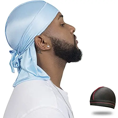 ForceWave Silky Durag for Men Wave Cap Satin Dorag for 360 Wave | 1 Durag 1 Wave Cap, Long Tails, Breathable Fabric, Smooth Texture, Unisex Fit, for Workouts, Cycling, and Sleeping Cap - 1