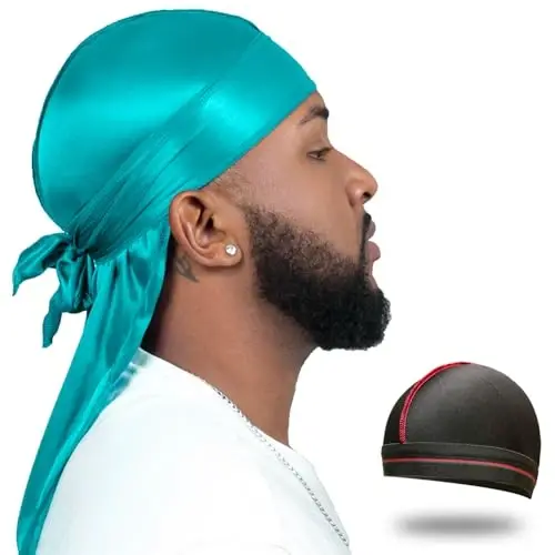ForceWave Silky Durag for Men Wave Cap Satin Dorag for 360 Wave | 1 Durag 1 Wave Cap, Long Tails, Breathable Fabric, Smooth Texture, Unisex Fit, for Workouts, Cycling, and Sleeping Cap - 1