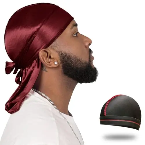 ForceWave Silky Durag for Men Wave Cap Satin Dorag for 360 Wave | 1 Durag 1 Wave Cap, Long Tails, Breathable Fabric, Smooth Texture, Unisex Fit, for Workouts, Cycling, and Sleeping Cap - 1