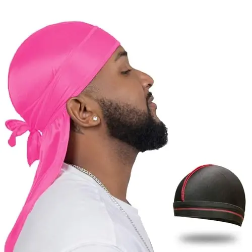 ForceWave Silky Durag for Men Wave Cap Satin Dorag for 360 Wave | 1 Durag 1 Wave Cap, Long Tails, Breathable Fabric, Smooth Texture, Unisex Fit, for Workouts, Cycling, and Sleeping Cap - 1