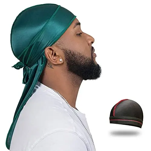 ForceWave Silky Durag for Men Wave Cap Satin Dorag for 360 Wave | 1 Durag 1 Wave Cap, Long Tails, Breathable Fabric, Smooth Texture, Unisex Fit, for Workouts, Cycling, and Sleeping Cap - 1