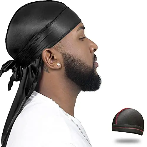 ForceWave Silky Durag for Men Wave Cap Satin Dorag for 360 Wave | 1 Durag 1 Wave Cap, Long Tails, Breathable Fabric, Smooth Texture, Unisex Fit, for Workouts, Cycling, and Sleeping Cap - 1