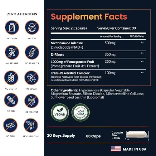 ForestLeaf Liposomal NAD+ with Resveratrol, 1200mg Complex, 60 Ct | NAD Supplements for Women & Men | NMN Alternative, D-Ribose & Pomegranate | Energy, Focus & Anti-Aging Support | Made in USA - 5