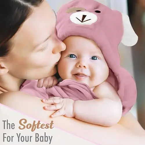 FOREVERPURE Baby Hooded Towel, Soft & Absorbent Viscose Derived from Bamboo, Extra Large 35 x 35 Inches, Bath Towel for Newborns, Infants & Toddlers, Mauve Rose - 3