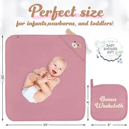 FOREVERPURE Baby Hooded Towel, Soft & Absorbent Viscose Derived from Bamboo, Extra Large 35 x 35 Inches, Bath Towel for Newborns, Infants & Toddlers, Mauve Rose - 2