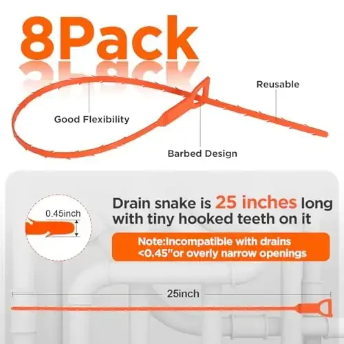 Forlivese 8 Pack 25 dyuymli drenaj iloni, drenaj tiqilishi tozalagich, soch ushlagich asbobi, dush, oshxona lavabosi, hammom uchun moslashuvchan burg'u tozalagich - 2