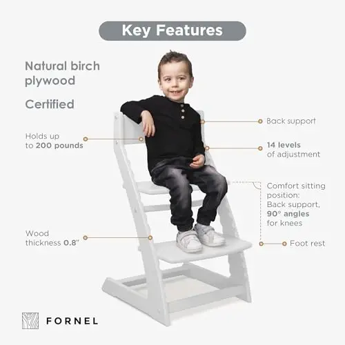 FORNEL Modern Beyaz Ahşap Mama Sandalyesi | Yürümeye Başlayan Çocuktan Yetişkine Büyüyen Sonsuz Sandalye (90 kg) | Şık, Temizlemesi Kolay İskandinav Tasarımı - 3