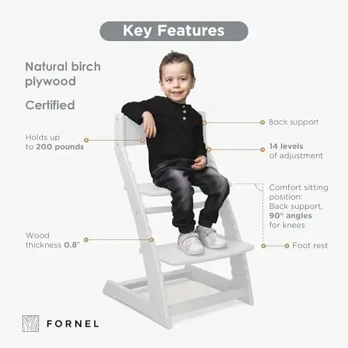 FORNEL Modern White Wooden High Chair | The Forever Chair That Grows from Toddler to Adult (200 lb) | Sleek, Easy-to-Clean Scandinavian Design - 3