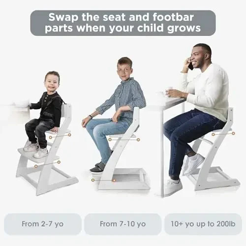 FORNEL Modern White Wooden High Chair | The Forever Chair That Grows from Toddler to Adult (200 lb) | Sleek, Easy-to-Clean Scandinavian Design - 4