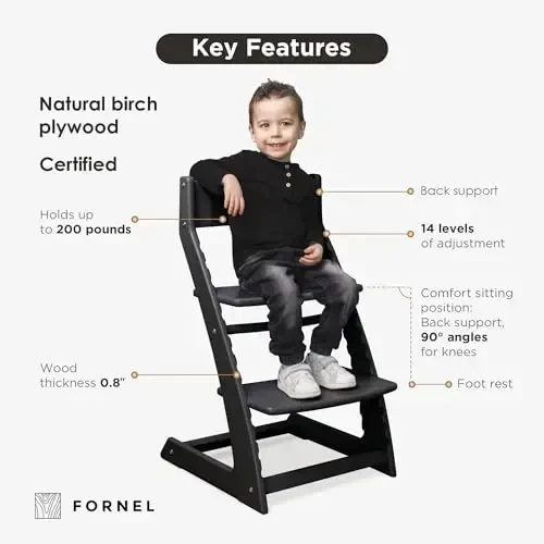 FORNEL Modern Black Wooden High Chair | The Adjustable Grow-with-Me Chair, A Sleek Alternative to Stokke | Perfect for Minimalist & Industrial Kitchens - 3