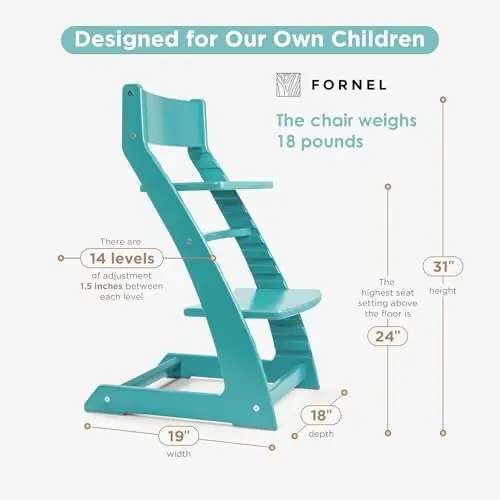 FORNEL Modern Wooden High Chair in Turquoise | The Adjustable Grow-with-Me Chair with a Stylish Pop of Color for Your Kitchen & Dining Room - 2