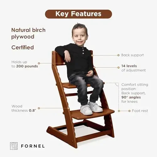 FORNEL Adjustable Wooden High Chair for Babies, Toddlers & Kids | The Grow-with-Me Chair from 6 Months to 200 lbs | Modern, Easy to Clean Dining Chair (Walnut) - 3