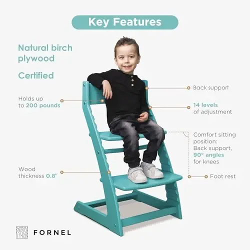FORNEL Modern Wooden High Chair in Turquoise | The Adjustable Grow-with-Me Chair with a Stylish Pop of Color for Your Kitchen & Dining Room - 3