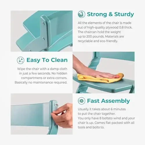 FORNEL Turquoise rangli zamonaviy yog'ochdan yasalgan baland stul | Oshxona va ovqat xonangiz uchun zamonaviy rangli sozlanishi o'suvchi stul - 6