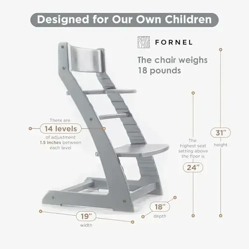 Fornel Wooden High Chair for Babies and Toddlers - Adjustable Height Easy to Clean Toddler Highchair - Kids Dining Chair from 3 Years to 200 Lb, Grow with Child (Grey) - 3