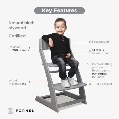 Fornel Wooden High Chair for Babies and Toddlers - Adjustable Height Easy to Clean Toddler Highchair - Kids Dining Chair from 3 Years to 200 Lb, Grow with Child (Grey) - 4