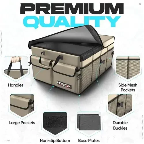 FORTEM Car Trunk Organizer, Collapsible Multi Compartment SUV Organizer, Foldable Storage for Car Accessories for Women Men, 600D Oxford, Non Slip Bottom, Securing Straps, Soft Cover (65L) - 4
