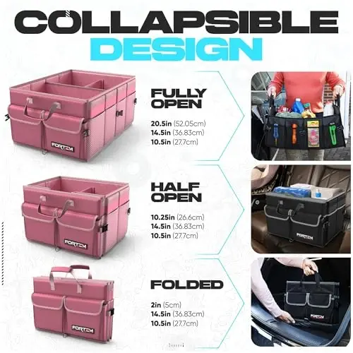 FORTEM Car Trunk Organizer, Collapsible Multi Compartment SUV Organizer, Foldable Storage for Car Accessories for Women Men, 600D Oxford, Non Slip Bottom, Securing Straps, Soft Cover (50L) - 12