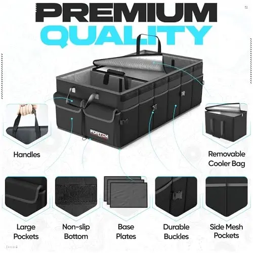 FORTEM Car Trunk Organizer with Cooler, Collapsible Multi Compartment SUV Organizer, Foldable Storage for Car Accessories for Women Men, 600D Oxford, Non Slip Bottom, Securing Straps Soft Cover (105L) - 8