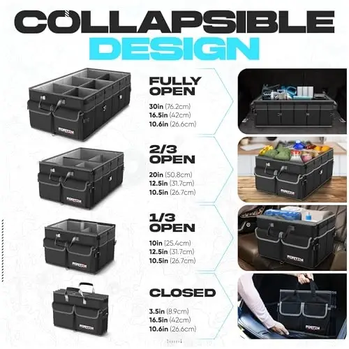 FORTEM Car Trunk Organizer with Cooler, Collapsible Multi Compartment SUV Organizer, Foldable Storage for Car Accessories for Women Men, 600D Oxford, Non Slip Bottom, Securing Straps Soft Cover (105L) - 6