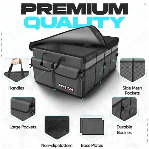 FORTEM Car Trunk Organizer, Collapsible Multi Compartment SUV Organizer, Foldable Storage for Car Accessories for Women Men, 600D Oxford, Non Slip Bottom, Securing Straps, Soft Cover (50L) - 2