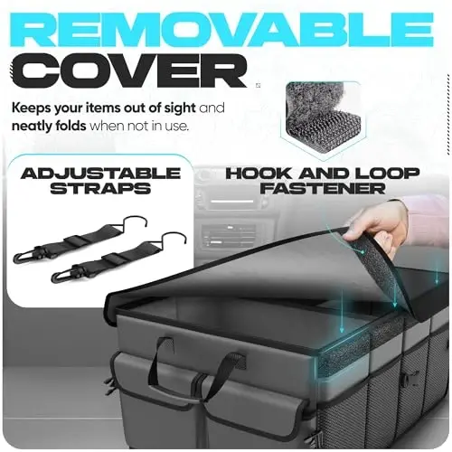 FORTEM Car Trunk Organizer, Collapsible Multi Compartment SUV Organizer, Foldable Storage for Car Accessories for Women Men, 600D Oxford, Non Slip Bottom, Securing Straps, Soft Cover (50L) - 5