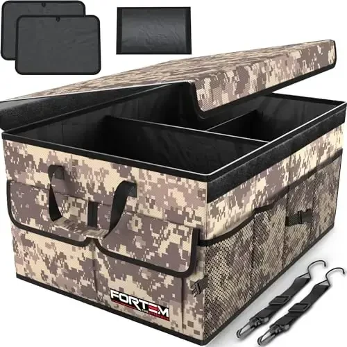 FORTEM Trunk Organizer For SUV Car Trunk Organizer, Foldable Storage, Car Accessories for Women Men, Collapsible Multi Compartment, 600D Oxford, Non Slip Bottom, Securing Straps, Soft Cover (65L) 