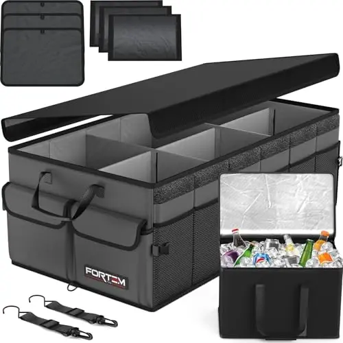 FORTEM Trunk Organizer with Cooler For SUV Car Trunk, Foldable Storage, Car Accessories for Women Men, Collapsible Bag, 600D Oxford, Non Slip Bottom, Straps, Soft Cover (105L) 