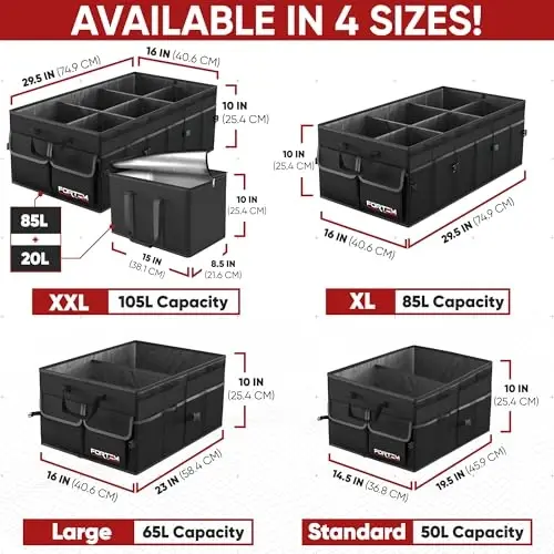 FORTEM Car Trunk Organizer with Cooler, Collapsible Multi Compartment SUV Organizer, Foldable Storage for Car Accessories for Women Men, 600D Oxford, Non Slip Bottom, Securing Straps Soft Cover (105L) - 3