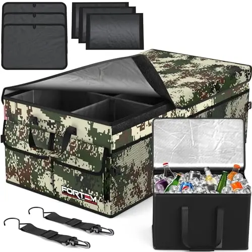 FORTEM Car Trunk Organizer with Cooler, Collapsible Multi Compartment SUV Organizer, Foldable Storage for Car Accessories for Women Men, 600D Oxford, Non Slip Bottom, Securing Straps Soft Cover (105L) 
