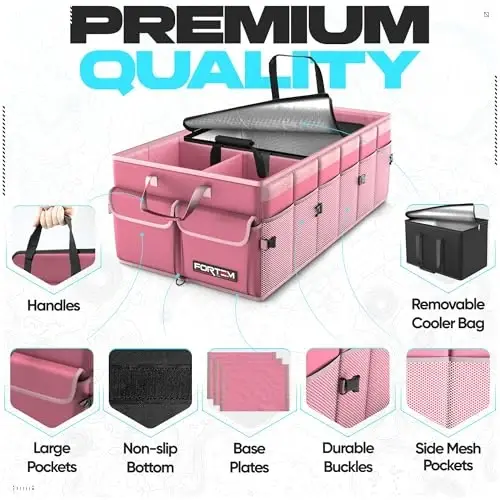 FORTEM Trunk Organizer with Cooler For SUV Car Trunk, Foldable Storage, Car Accessories for Women Men, Collapsible Multi Compartment, 600D Oxford, Non Slip Bottom, Securing Straps, Soft Cover (105L) - 2