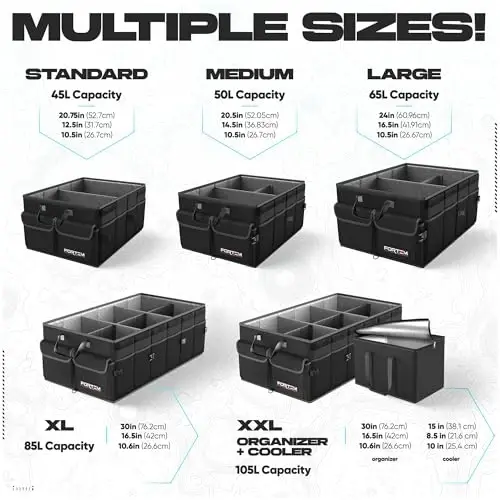 FORTEM Trunk Organizer with Cooler For SUV Car Trunk, Foldable Storage, Car Accessories for Women Men, Collapsible Multi Compartment, 600D Oxford, Non Slip Bottom, Securing Straps, Soft Cover (105L) - 3
