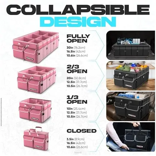 FORTEM Trunk Organizer with Cooler For SUV Car Trunk, Foldable Storage, Car Accessories for Women Men, Collapsible Multi Compartment, 600D Oxford, Non Slip Bottom, Securing Straps, Soft Cover (105L) - 6